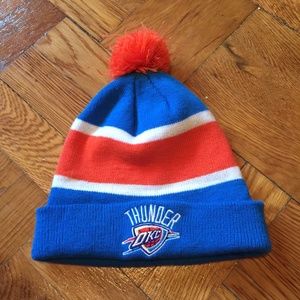 Thunder pompom orange blue unisex knit hat